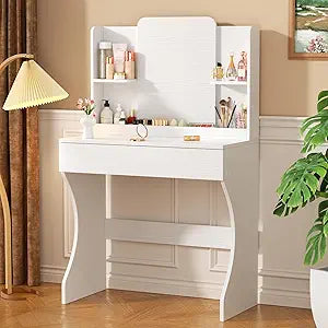 Small Vanity Desk, Makeup Vanity with Storage Drawer, 2 Shelves and 3 Compartments - White