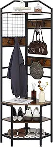 Heavy Duty Corner Hall Tree Organizer, 3-in-1 Industrial Freestanding Coat Storage Rack with Hooks and 4 Wooden Shelves for Entryway, Black