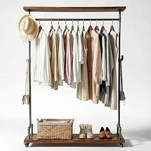 Industrial Pipe Clothing Racks, Rolling Garment Racks, Hall Tree on Lockable Wheels with Shelves and Shoes Storage, Heavy Duty Clothes Rack (Free Standing)