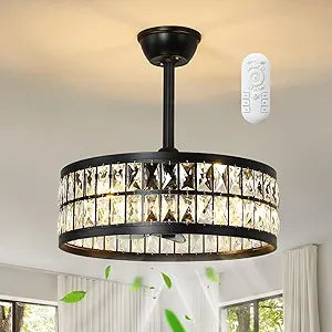 KAISITE Black Caged Ceiling Fan with Light and Remote Control 19" Bladeless Crystal Modern Fandelier Semi Flush Mount Farmhouse Chandelier Ceiling Fan for Kitchen Bedroom Dining Room