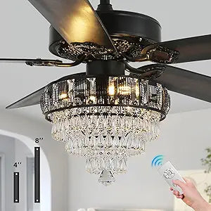 Modern Crystal Ceiling Fans with Lights and Remote Control, Farmhouse Retro Black Ceiling Fan Light, 52 Inch Fandelier Ceiling Fan for Living Room, Dining Room, Bedroom, Office