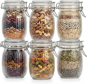 Glass Jars with Airtight Lids, 26oz Glass Storage Jars Set of 6, Thick Food Storage Containers for Pantry Organization, Kitchen Counter, Coffee, Pasta, Cereal