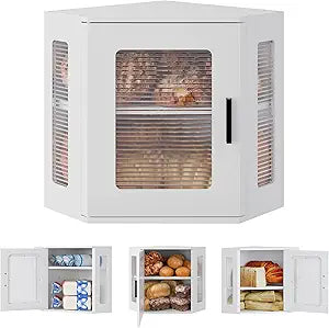 TQVAI Corner Bread Box for Kitchen Countertop, Solid Wood Double Layer Large Storage Container with Adjustable Shelves, Farmhouse Acrylic Window Design, White