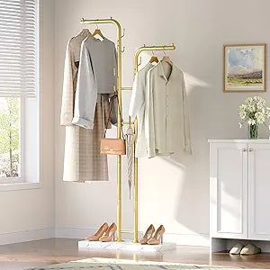 YATINEY Gold Coat Hanger Stand, Floor Standing Coat Rack, Entryway Coat Tree with 8 Hooks and Marble-Look Base, Modern Double-Pole Metal Clothes Rack for Entrance, Living Room, Bedroom, YM02DWY1