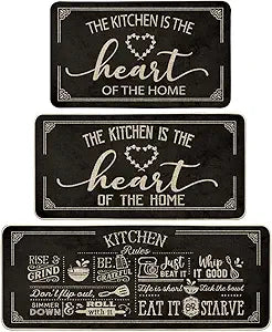 Artoid Mode Black Cooking Sets Kitchen Mats Set of 3, Seasonal The Kitchen is The Heart of The Home Holiday Party Low-Profile Floor Mat for Home Kitchen - 17"x29"+17"x36"+17"x47"