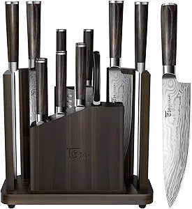 SYOKAMI 15-Piece Kitchen Knife Set with Magnetic Block, New for 2026, Detachable Steak Knife Block for Table Service, Built-In Sharpener, Wood Handle, Damascus Pattern, Housewarming Gifts