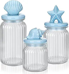 Mimorou 3 Set Beach Candy Glass Jars with Ceramic Lid 44oz 33oz 22oz Coastal Cookie Jar Airtight Glass Food Storage Container for Spring Summer Baby Shower Party Tea Snacks Sugar