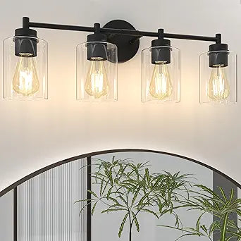 4-Light Bathroom Light Fixtures, Matte Black Modern Vanity Light with Clear Glass Shades, Bathroom Sconce for Mirror Living Room Cabinet Bedroom Porch,E26 Base(Bulbs Not Included)