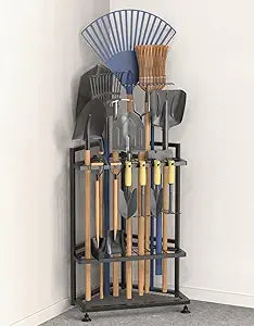Garden Tool Organizer for Corner,Metal Yard Tool Organizer for Long-Handled Tools/Rakes/Brooms,Side Garden Pocket,Heavy Duty Steel Yard Tool Storage Rack for Garage,Shed, Outdoor