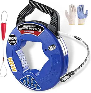 MAXKOSKO Non-Conductive Fiberglass Fish Tape, 3/16 In x 100Ft Professional Electrical Wire Puller, Fishing Tools with Gloves for Walls and Conduit