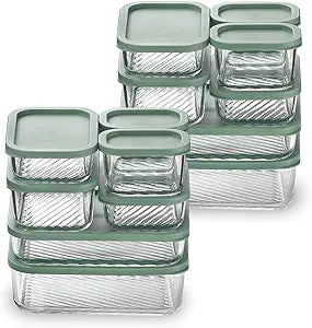EATEX 14 Pack Glass Meal Prep Containers with Grooved Base, 14 Stackable BPA Free Glass Storage Containers with Lids for Lunch, Pantry, and Kitchen - Microwave, Dishwasher Freezer & Oven Safe - Sage