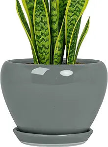 Deep Dream 8 Inch Plant Pots- Ceramic Pots for Plants with Drainage Hole and Saucer, Large Planter Pot for Indoor Plants Outdoor Decor, Grey