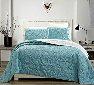 Grand Linen 3-Piece Tropical Coast Seashell Beach Queen/Full Oversize Oversize Bedspread SEA Blue/White Reversible Coverlet Embossed Bed Cover Set. Sea Shells, Sea Horse, Starfish etc.