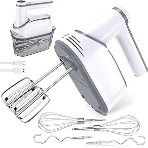 binROC Cordless Electric Hand Mixer, 12-Speed Rechargeable Handheld Mixer with Eject Button, 6 Stainless Steel Attachments, Snap-On Storage Case, LED, Self-Stand for Baking, Cake, Dough, Egg (White)