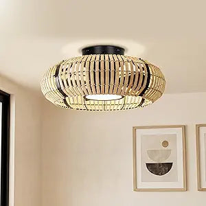 ocioc 20" Fandelier Ceiling Fans with Lights and Remote,Caged Ceiling Fan with Light,Flush Mount,Low Profile,Bladeless,Quiet Reversible DC Motor,Boho Rattan Ceiling Fan for Bedroom