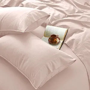 4Pcs Organic Linen Sheets Queen Size, 100% French Linen from Normandy, Breathable Pink Queen Sheet Set with 16 Inch Deep Pocket, 1 Flat Sheet, 1 Fitted Sheet, 2 Pillowcases