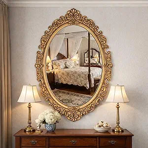 Vercraft 24" x 36" Vintage Gold Mirror for Wall, Antique Gold Oval Baroque Mirror with Imitation Metal Frame, Ornate Wall Decor for Entryway, Fireplace, Living Room, Hallway