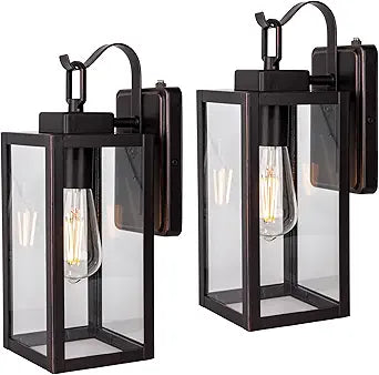LIT-PaTH Dusk to Dawn Outdoor Wall Lantern, Wall Sconce as Porch Lighting Fixture, E26 Medium Base Max 60W, Anti-Rust Metal with Glass Shade, Oil Rubbed Bronze Finish, 2-Pack