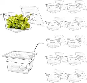 12 Pack Plastic Clear Food Pan with Lids, 1/6 Size 4'' Deep Commercial Stackable Polycarbonate Pans Hotel Food Storage Pan with 1 Pcs Spoon for Fruits Vegetables