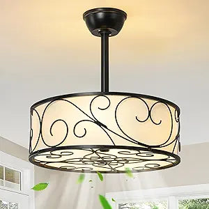 19'' Caged Ceiling Fans with Lights, Fandelier Semi Flush Mount Ceiling Fan with Light and Remote, 6 Speed and Reversible, Small Farmhouse Bladeless Fan Lights for Bedroom, Kitchen