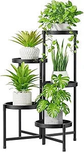 iDavosic.ly 5 Tier Large Plant Stand Indoor with 10 Inch Wide Tray, Tiered Corner Metal Outdoor Flower Display Holder Shelf, Folding Tall Rack for Patio Porch Living Room, Modern Black