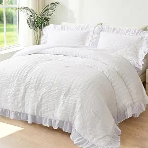 White Queen Comforter Set 5 Pieces Ruffle Bedding Sets Boho Seersucker Bed in A Bag with Sheets Lightweight Ruffled Bed Set for Women Adults(White, Queen)