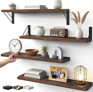 BAYKA Rustic Wood Floating Wall Shelves, Wall Mount Storage Organizer for Bedroom, Living Room, Kitchen, Bathroom & Office (Rustic Brown, 23in, Set of 4)