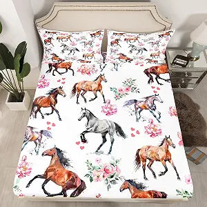 Horse Fitted Sheet Full Size Farm Western Cowboy Cowgirls Bed Sheets Kids Boys Girls Teens Pink Rose Floral Bedding Set Deep Pocket,Cute Lover Heart Kawaii Horse Microfiber Bed Cover,no Flat Top Sheet