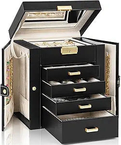 AKOZLIN 5-Tier Jewelry Box Leather Jewelry Storage Organizer with 4 Drawers Lockable for Women Girls Ring Necklace Earring Bracelet Watches Holder with Mirror Black