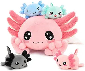 MaoGoLan 5 Pcs Axolotl Plush with 4 Babies Inside Belly, Glow in The Dark Stuffed Animals Pink Axolotl Toys Cute Kawaii Stuffy Salamander Pillow for Girls Kids Gift Valentine's Day Christmas
