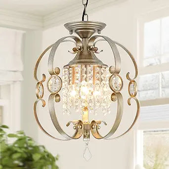 Antique Silver K9 Crystal Chandelier for Dining Room, 3-Light 14 Inch Rustic Flush Mount Ceiling Light Fixture,Vintage Bronze Hanging Pendant Lighting for Kitchen Island,Living Rooms, Foyer
