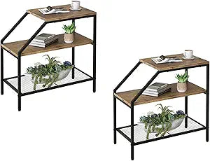 Wolawu End Table 3 Tiers 2pcs Wood Nightstand with Storage Ladder Shelf,Industrial Sofa Side Table for Small Space, Modern Trapezoid Plant Stand in Living Room Bedroom,Gold Metal Frame