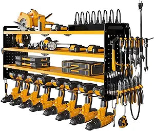 NattyDot Power Tool Organizer Wall Mount with Charging Station, 8 Drill Holder, 4 Layer Storage Rack for Garage Organization, Tool Holder with 8 Outlet Power Strip (Yellow)