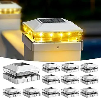 Solar Post Cap Lights, 12-Pack Upgraded Outdoor Deck Fence Post Solar Lights for 4x4 5x5 Wood/Vinyl Posts, IP65 Waterproof, 10-12 Hours Warm White Glow for Garden/Patio/Porch - White
