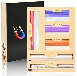 6-in-1 Magnetic Food Bag Storage Organizer for Drawer and Refrigerator, Bamboo Bag Organizer and Plastic Wrap Dispenser with Cutter, Fits Gallon, Quart, Sandwich, Snack Bags