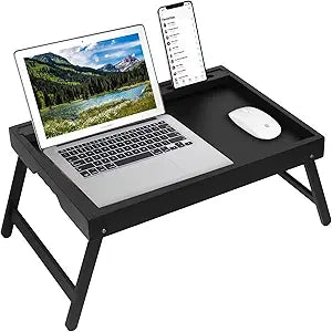 Artmeer Bed Tray Table with Folding Legs, Bamboo Breakfast Food Tray with Media Slot, Use As Platter, Laptop Desk, Snack, TV Tray Kitchen Serving Tray (Black Extra-Large Size)