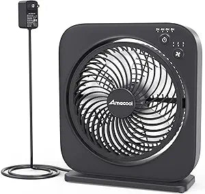 AMACOOL Table Fan, 12 inch Box Fan with 3 Speeds & 8HRS Timer, 270┬░ Pivoting Quiet Air Circulator, Desktop Fan for Bedroom Bathroom Kitchen Office, AC Adapter Included, Co-Branded with Cmyfato-Black