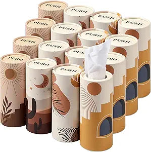 Tatuo 16 Pack Car Tissues Cylinder Holder with 3 Ply Facial Bulk Boho Round Tissue Holder Travel Tissues Boxes Container for Car Cup Wedding Gifts Home Bathroom Office (Warm)