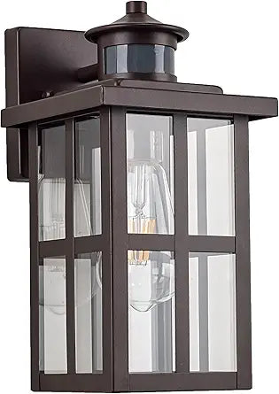 MICSIU 11.75" Bronze Motion Sensor Outdoor Wall Light, Dusk to Dawn Exterior Wall Sconce with 3 Modes, Clear Glass Anti-Rust Porch Light for House, Garage, Deck