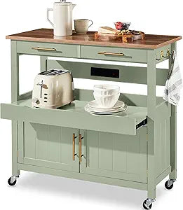 Best Choice Products 36in Large Rolling Kitchen Island Cart, 2-Door Cabinet, 2 Drawers, Pull-Out Shelf, Power Outlet, Hooks, & Swivel Lockable Wheels - Pistachio Green