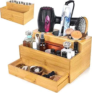 Hair Tool Organizer, Wooden | Bathroom Countertop, Heat-Safe Stainless Steel Cups, Professional Bamboo Styling Station
