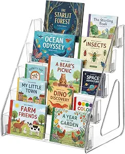FMOACEN 5-Tier Small Kids Bookshelf Organizer Portable Clear Desktop Book Display Stand for Toddlers Children, Tabletop Mini Book Storage Shelf Suitable for Nursery, Baby Room, Playroom and Classroom