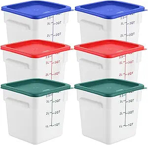 Ziliny 6 Pieces 4 Quart Commercial Food Storage Containers with Lid Translucent Container with 3 Color Lids for Freezer Flour Sugar Baking Bread Restaurant, Square