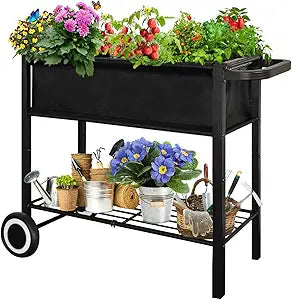 Raised Garden Bed with Legs for Outdoor Plants, Standing Elevated Planter Box Cart on Wheels for Vegetables Flower Herb Patio, Black