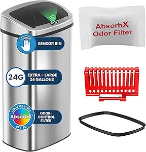 iTouchless 24 Gallon Extra Large Touchless Sensor Trash Can with AbsorbX Odor Filter, 91L Commercial Stainless Steel Automatic Kitchen Bin for Home, Office, Restaurant, Commercial Lobby, Store