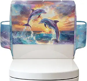 Beach Sunset Dolphins Toilet Tank Dust-Proof Protector Cover with Side Storage Pockets Bathroom Decor Toilet Top Cover