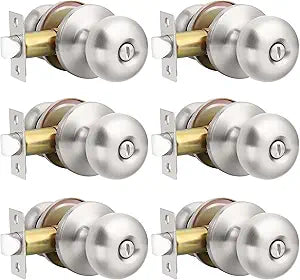 GOBEKOR 6 Pack Brushed Nickel Door Knob Privacy Interior Door Knob with Lock Round Keyless Privacy Door Knobs for Bedroom Bathroom