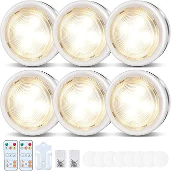 Bwaoo LED Puck Lights 6 Pack, Wireless Under Cabinet & Closet Lighting, Remote Control, 3 Lighting Modes & Brightness Dimmable, Battery Operated Touch Stick On Kitchen Cupboard Bedroom Garage