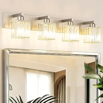 Aipsun Brushed Nickel Bathroom Lighting Fixtures 4 Light Crystal Modern Bathroom Vanity Light (Exclude Bulb)