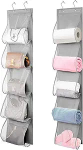 2 Pack Over the Door Hanging Vinyl Organizer Embroidery Stabilizer Holder Purse Storage for Closet Bath Towel Hanger Scarf Container 5 Large Pockets (One Side)